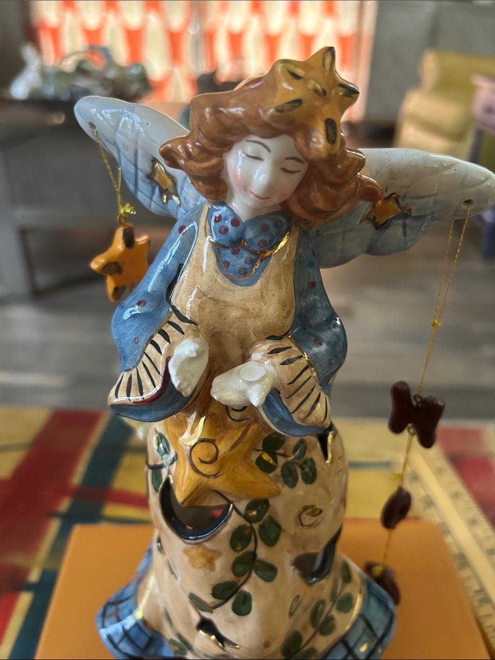 Blue SkyHand-Painted Angel Figurine Lantern - Blue, Yellow, Cream very Detailed - Picture 3 of 12
